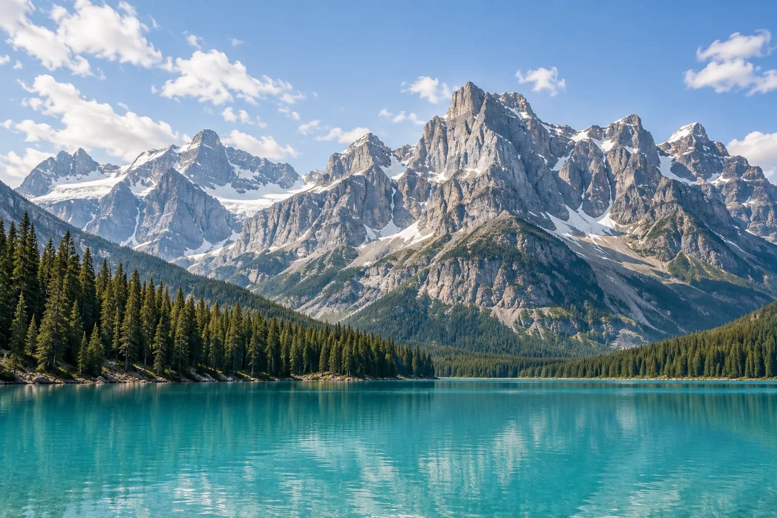 Sunlit Rocky Mountain peaks and an emerald alpine lake